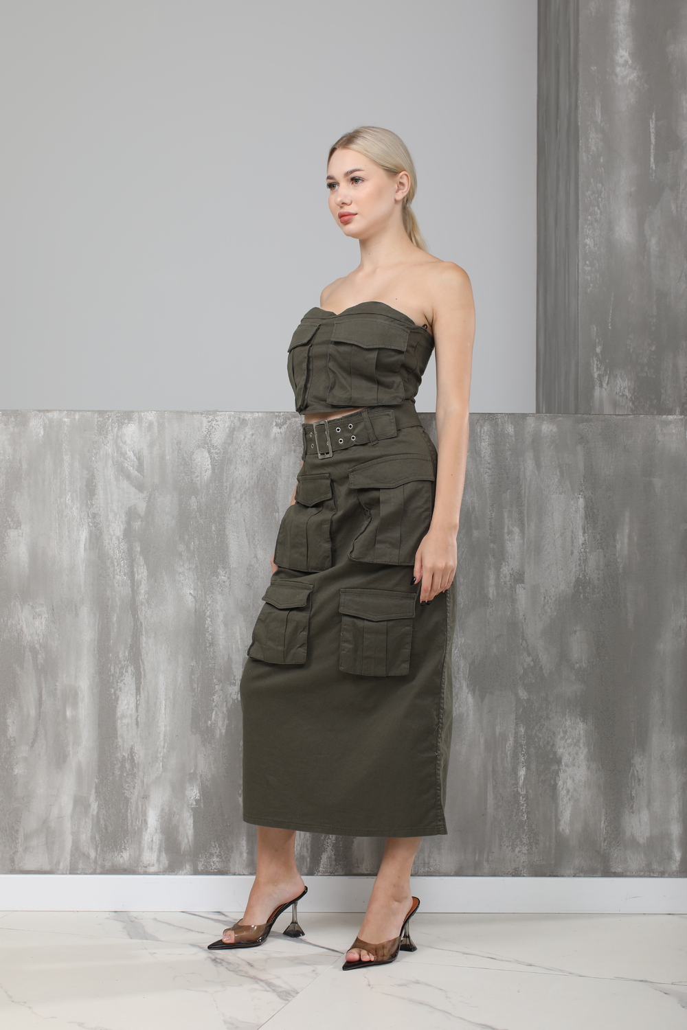 Костюм юбка + топ сірий текстиль 021081