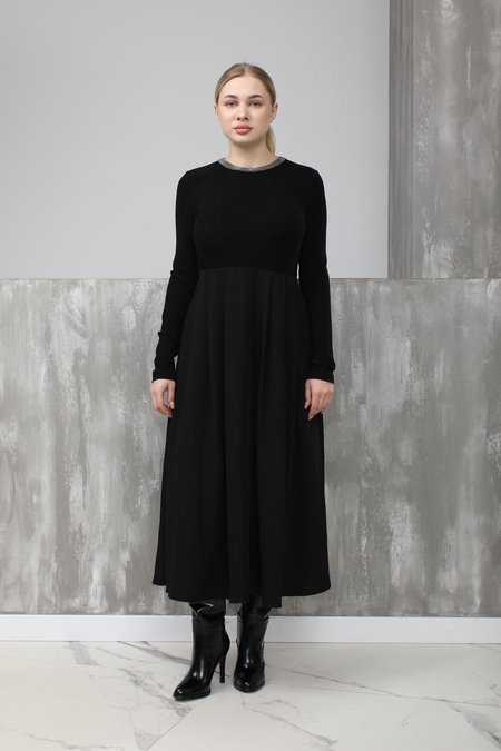 Платье длинное,рубчик,ворот камни черный текстиль 024215
