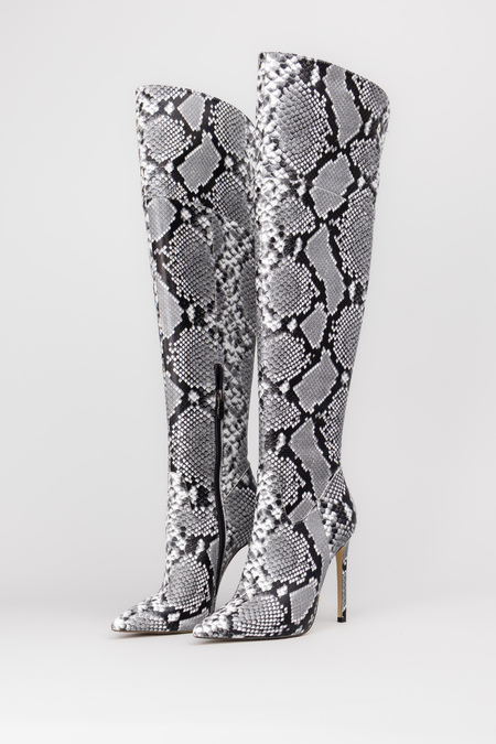 Сапоги высокий каблук серая кожа змеи 024812