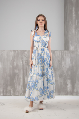 Платье голубые цветы белый котон 027046
