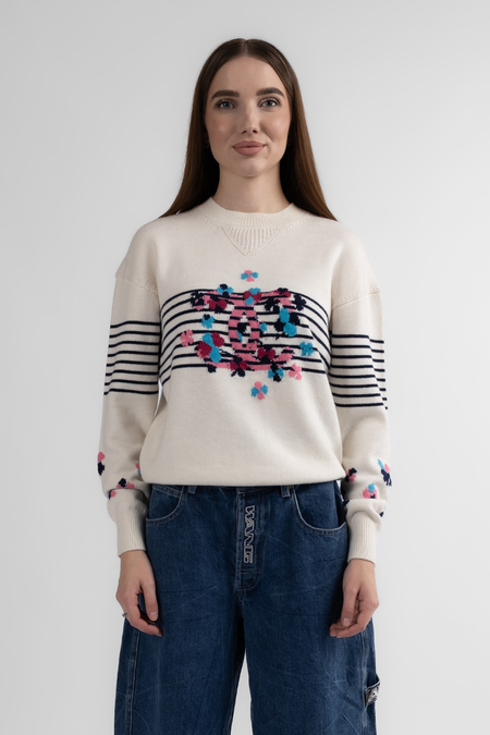 Свитер синяя полоска цветные цветы белый кашемир 034422