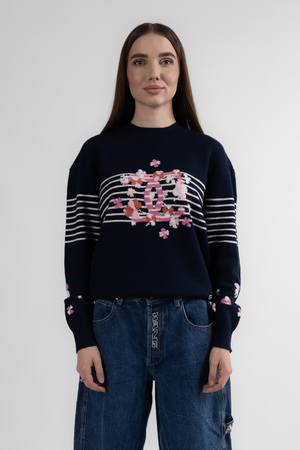 Светер біла смужка кольорові квіти синя кашемір 034424