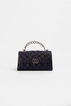 Сумка 19 см золоте-чорне лого чорна шкіра рельеф 034720