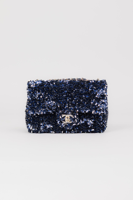 Сумка 20 см золоте лого паєтки блакитний текстиль 037356