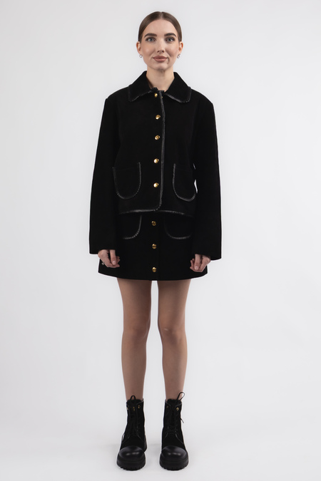 Костюм піджак+спідниця золоті гудзики чорна замша 037374