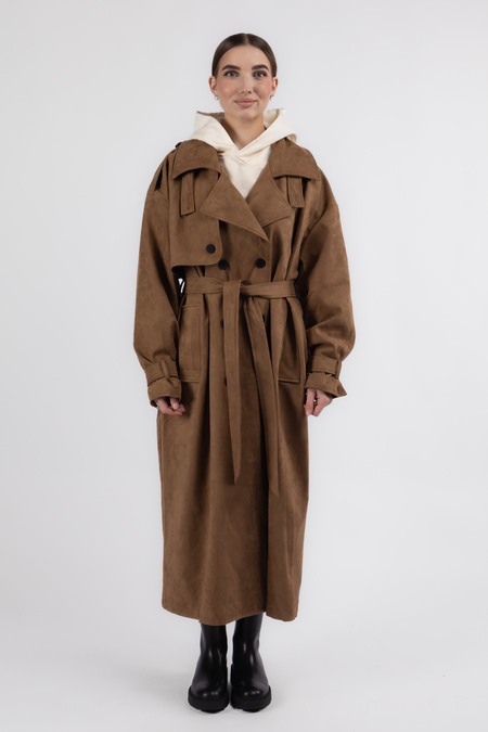 Плащ гудзики ремінець коричневий еко-замш 037697