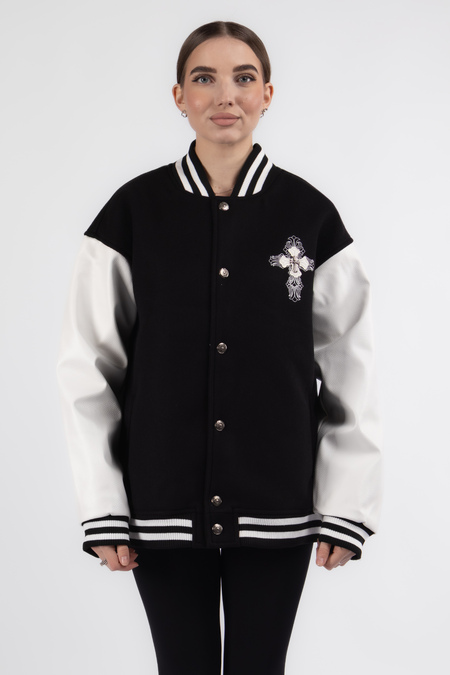 Куртка біла смужка бомбер лого чорно-білий котон еко-шкіра 037771