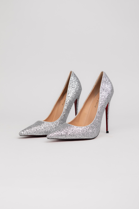 Туфлі 12 см підбори блискітки світло-сіра шкіра 037964