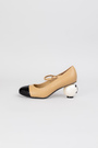 Туфлі перлина на підборах чорний носок застібка світло-бежева шкіра 037969