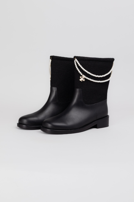 Чоботи перлини золоте лого чорна шкіра текстиль 037972