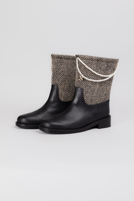 Чоботи середні перлини золоте лого чорно-сіра шкіра текстиль 037973