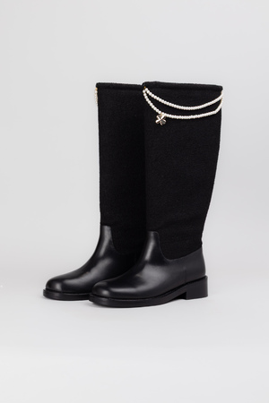 Чоботи високі перлини золоте лого чорна шкіра текстиль 037977