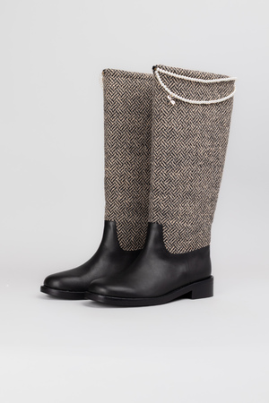 Сапоги высокие жемчужины золотой лого черно-серая кожа текстиль 037978
