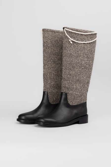 Сапоги высокие жемчужины золотой лого черно-серая кожа текстиль 037978