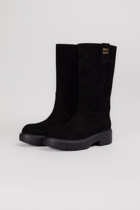 Сапоги золотое лого черный замш 038180