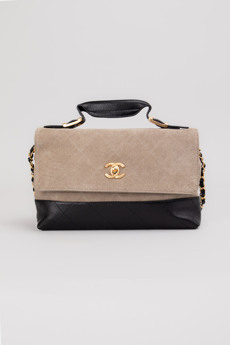 Сумка 28 см бежево-черная кожа замш 038276