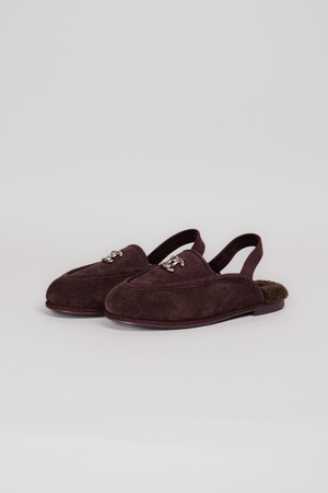 Мюлі золоте лого темно-коричневий замш 038401