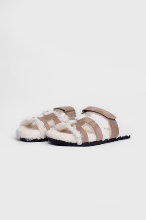Шльопанці біле хутро бежевий замш 038849