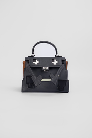 Сумка 18 см срібна фурнітура чорна шкіра 039644