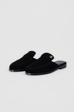 Мюлі золоте лого чорний замш 040076