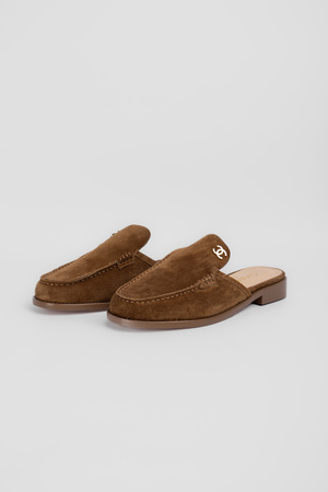 Мюлі золоте лого хакі замш 040077