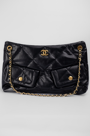 Сумка 40 см золоте лого чорна шкіра 040148